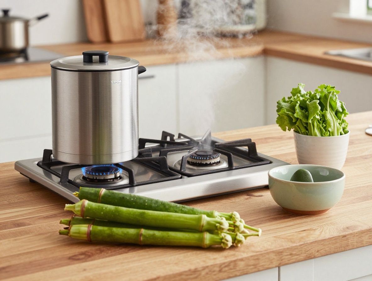 Cocina doméstica limpia y ordenada con verduras frescas de colores dispuestas en tabla de cortar de madera, vaporizador de bambú sobre fogón de gas encendido, cuenco de cerámica con ingredientes crudos preparados, ambiente de cocina natural con luz suave de ventana